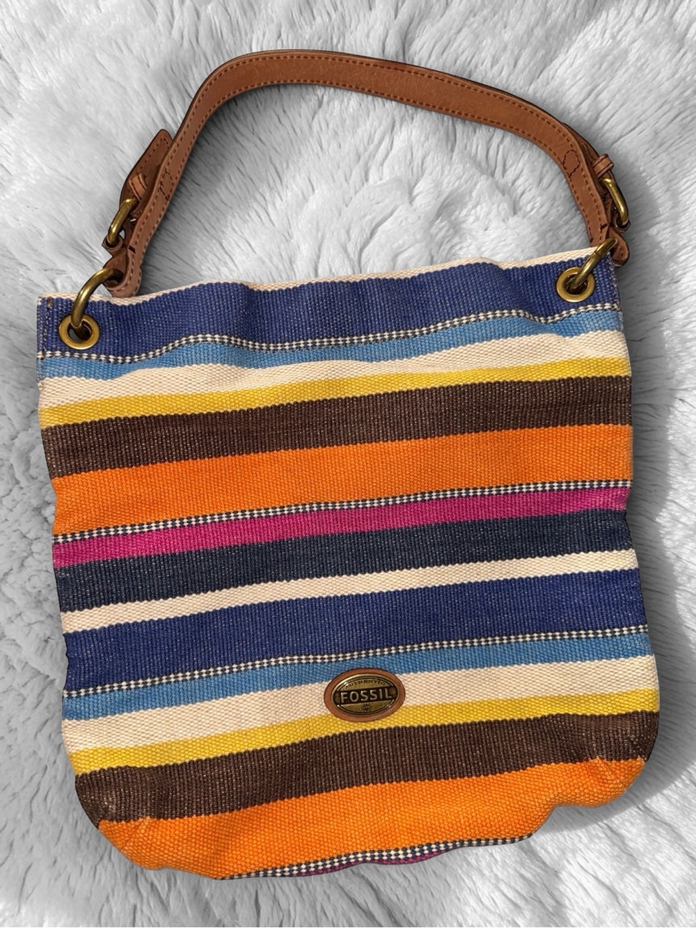 Fossil Striped Canvas Hobo Slouchy Shoulder Bag in Orange, Navy & Brown